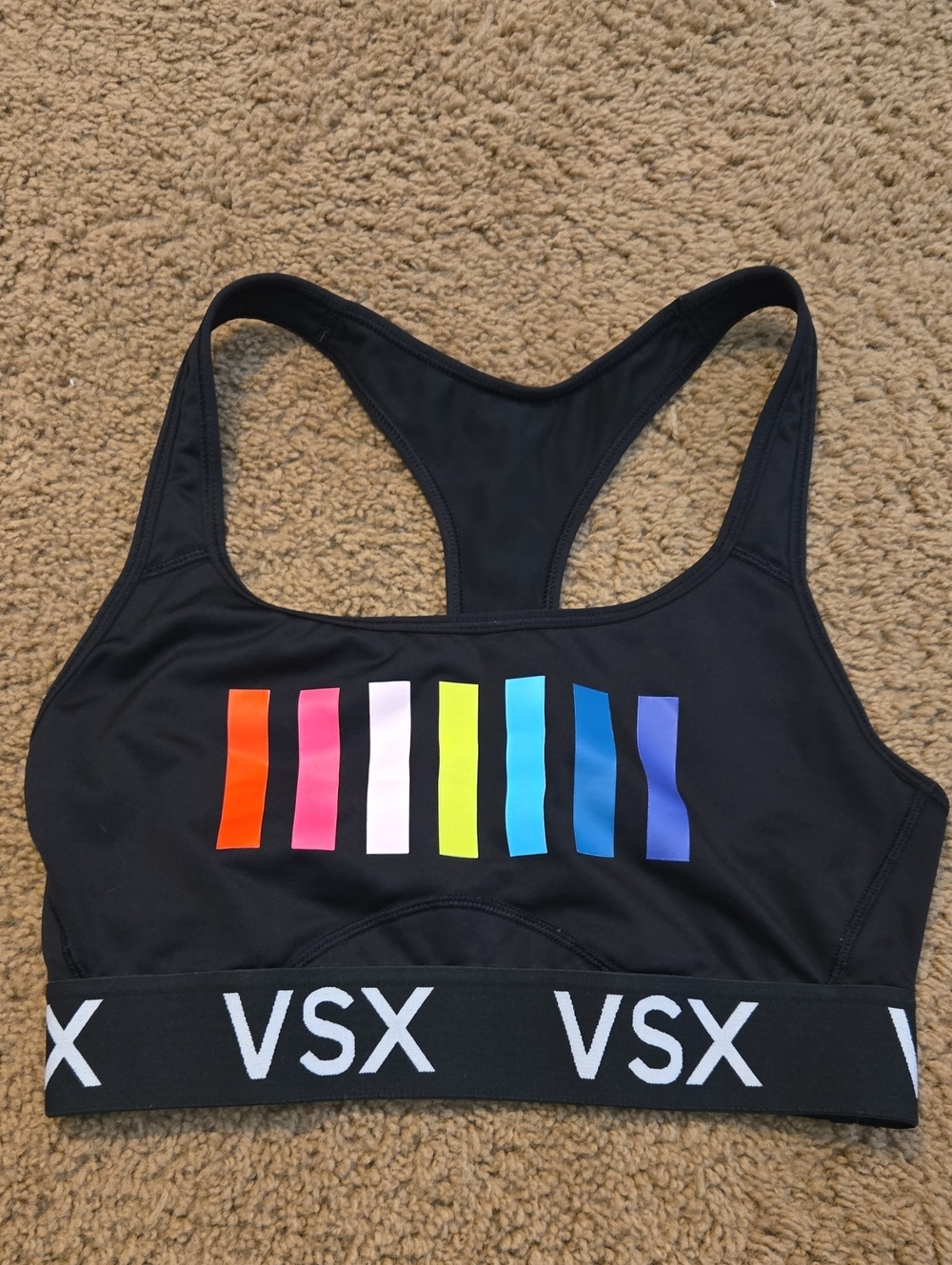 VSX Black Racerback Sports Bra with Rainbow Stripe Accents